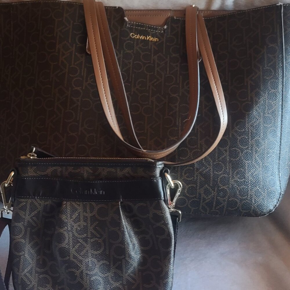 Calvin Klein Allover Monogram Logo Large Tote and Crossbody Combo